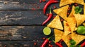 Tortilla chips with red hot chili peppers, lime, and salsa dip on wooden background Royalty Free Stock Photo