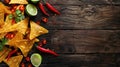 Tortilla chips with red hot chili peppers, lime, and salsa dip on wooden background Royalty Free Stock Photo