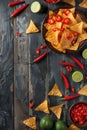 Tortilla chips with red hot chili peppers, lime, and salsa dip on wooden background Royalty Free Stock Photo