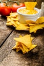 Tortilla chips with tomato and cheese-garlic dip Royalty Free Stock Photo