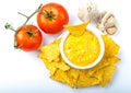 Tortilla chips with tomato and cheese-garlic dip Royalty Free Stock Photo