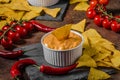 Tortilla chips with two dips Royalty Free Stock Photo