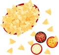 Tortilla Chips with Various Salsa and Cheese Dips on White Background Royalty Free Stock Photo