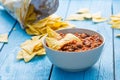 Tortilla Cips In Homemade Tomato Sauce (Ketchup) On Blue Wooden Table Royalty Free Stock Photo