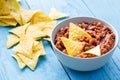 Tortilla Cips In Homemade Tomato Sauce (Ketchup) On Blue Wooden Table Royalty Free Stock Photo