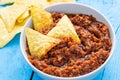 Tortilla Cips In Homemade Tomato Sauce (Ketchup) On Blue Wooden Table Royalty Free Stock Photo