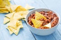 Tortilla Cips In Homemade Tomato Sauce (Ketchup) On Blue Wooden Table Royalty Free Stock Photo