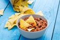 Tortilla Cips In Homemade Tomato Sauce (Ketchup) On Blue Wooden Table Royalty Free Stock Photo