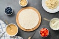 Tortilla cooking process with different fillings of peanut butter, banana, strawberry, blueberry, almond. Food trend