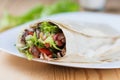 Tortilla with a delicious grilled meat and fresh mixed salad Royalty Free Stock Photo