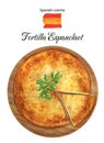 Tortilla Espanola. Traditional Spanish omelette. Watercolor illustration