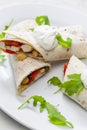 tortilla filled with chicken meat, red pepper and beans