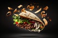 Tortilla, kebab, sandwich with ingredients flying in air. Levitating fast food with sauce