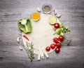 Tortilla with laid out by around her fruits and vegetables space for text on grey wooden rustic background top view Royalty Free Stock Photo