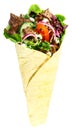 Tortilla with meat and fresh salad filling Royalty Free Stock Photo