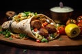a tortilla with meatballs and rice on a wooden surface Royalty Free Stock Photo