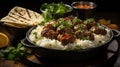 A tortilla with meatballs and rice on a wooden surface. Generative AI. Royalty Free Stock Photo