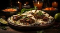 A tortilla with meatballs and rice on a wooden surface. Generative AI. Royalty Free Stock Photo