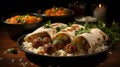 A tortilla with meatballs and rice on a wooden surface. Generative AI. Royalty Free Stock Photo