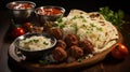 A tortilla with meatballs and rice on a wooden surface. Generative AI. Royalty Free Stock Photo