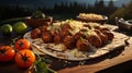 A tortilla with meatballs and rice on a wooden surface. Generative AI. Royalty Free Stock Photo