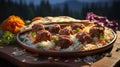 A tortilla with meatballs and rice on a wooden surface. Generative AI. Royalty Free Stock Photo