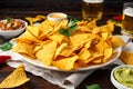 Tortilla nachos chips with cheese sauce, guacamole and tomatoes salsa dip. glass of beer. Royalty Free Stock Photo