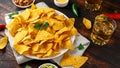 Tortilla nachos chips with cheese sauce, guacamole and tomatoes salsa dip. glass of beer. Royalty Free Stock Photo