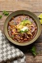 Tortilla soup with avocado and cheese. Mexican food Royalty Free Stock Photo