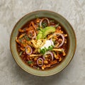 Tortilla soup with avocado and cheese. Mexican food Royalty Free Stock Photo