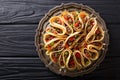 Tortilla stuffed with meat beef, peppers and onions closeup. Horizontal top view Royalty Free Stock Photo