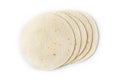 Tortilla on a white isolated background. Corn tortilla or simply tortilla is a type of thin unleavened bread made from Hominy