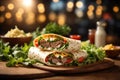 Tortilla wrap with meat salad and mayonnaise bokeh. ai generative Royalty Free Stock Photo