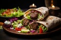 Tortilla wraps with meatballs, vegetables and tzatziki sauce, ortilla wrap with falafel and fresh salad, AI Generated