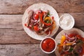 Tortillas with meat, vegetables and sauce horizontal top view Royalty Free Stock Photo