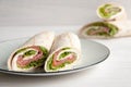 Tortillas with salmon, green salad and creme cheese Royalty Free Stock Photo