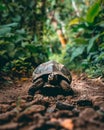 tortoise crawls across path in lush green environment, showcasing its unique shell and slow movement
