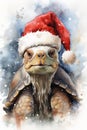 Tortoise domestic animal with santa claus hat watercolor illustration. Christmas Tortoise illustration for children book.