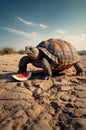 A Lone Turtle Wanders the Desert, Finds Refreshment with a Slice of Watermelon Royalty Free Stock Photo