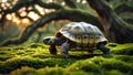 Golden Tortoise Walking on Moss in Sunset Royalty Free Stock Photo