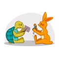 Tortoise and hare cutting paper with scissors, vector illustration