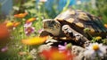 Tortoise hides in the among the flowers in spring. Generative AI
