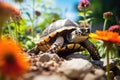 Tortoise hides in the among the flowers in spring. Generative AI