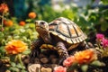 Tortoise hides in the among the flowers in spring. Generative AI