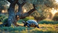 Golden Hour Tortoise Stroll in Olive Grove Royalty Free Stock Photo