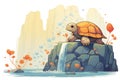 tortoise perched on rock, reaching to drink waterfall droplets