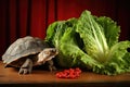 a tortoise and a rabbit sharing a patch of green lettuce