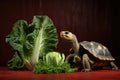 a tortoise and a rabbit sharing a patch of green lettuce