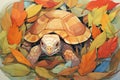 tortoise seen from above, surrounded by munched leaves Royalty Free Stock Photo