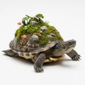 A tortoise with a shell creatively transformed into a miniature landscape. The shell Royalty Free Stock Photo